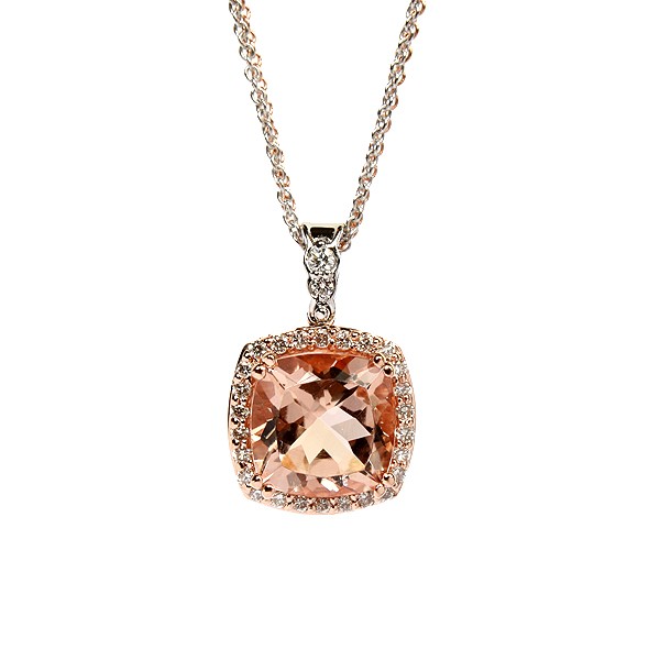 14k Rose And White Gold Morganite And Diamond Cushion Pendant 234