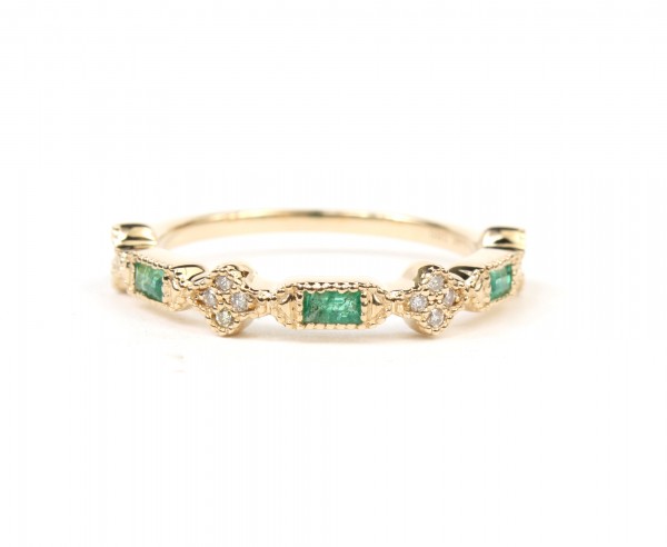 14K YELLOW GOLD DIAMOND AND EMERALD STACKABLE BAND