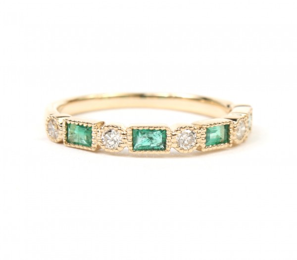 14K YELLOW GOLD DIAMOND AND EMERALD STACKABLE RING