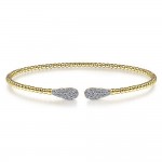 14K YELLOW GOLD CUFF BRACELET WITH PAVE DIAMOND TEARDROP ENDS