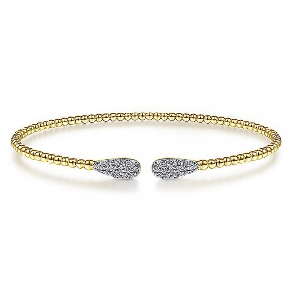 14K YELLOW GOLD CUFF BRACELET WITH PAVE DIAMOND TEARDROP ENDS