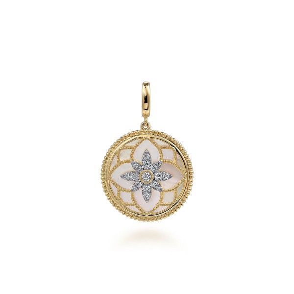 14K YELLOW GOLD DIAMOND MOTHER OF PEARL MEDALLION