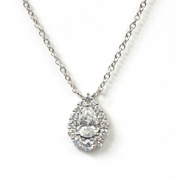 PLATINUM PEAR DIAMOND PENDANT WITH GRADUATED HALO