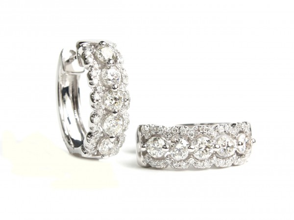 14K WHITE GOLD CLUSTER DIAMOND HOOP EARRINGS