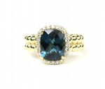 14K GREEN GOLD DIAMOND AND LONDON BLUE TOPAZ RING