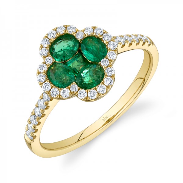 14K YELLOW GOLD DIAMOND AND EMERALD CLOVER RING