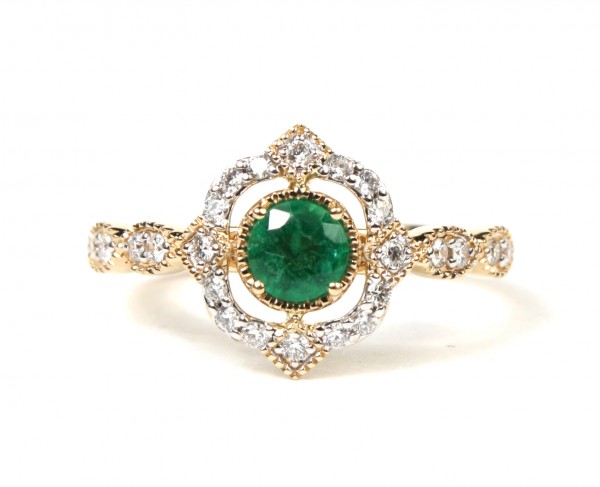 14K WHITE AND YELLOW GOLD DIAMOND AND EMERALD FILIGREE RING