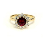 14K YELLOW GOLD ROUND RUBY AND DIAMOND CLUSTER HALO RING