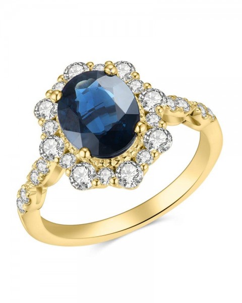 14K YELLOW GOLD DIAMOND AND OVAL SAPPHIRE RING