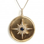 14K YELLOW GOLD DIAMOND AND SAPPHIRE MEDALLION PENDANT