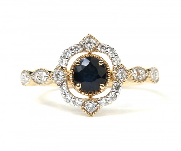 14K WHITE AND YELLOW GOLD DIAMOND AND SAPPHIRE FILIGREE RING