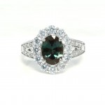 PLATINUM ALEXANDRITE AND DIAMOND HALO SPLIT SHANK RING