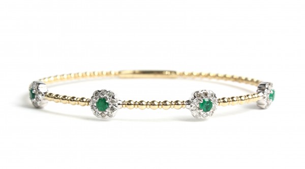 14K YELLOW AND WHITE GOLD DIAMOND AND EMERALD STATION FLEXIBLE BANGLE