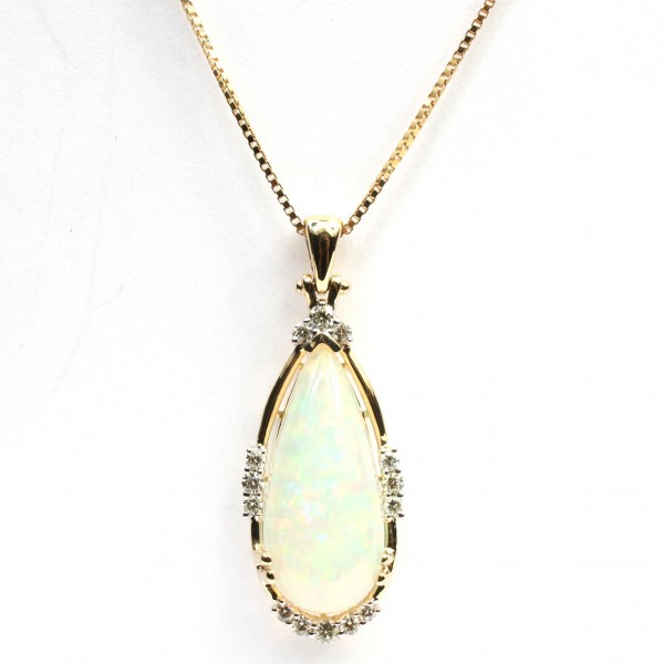 14K YELLOW GOLD DIAMOND PEAR SHAPE OPAL PENDANT