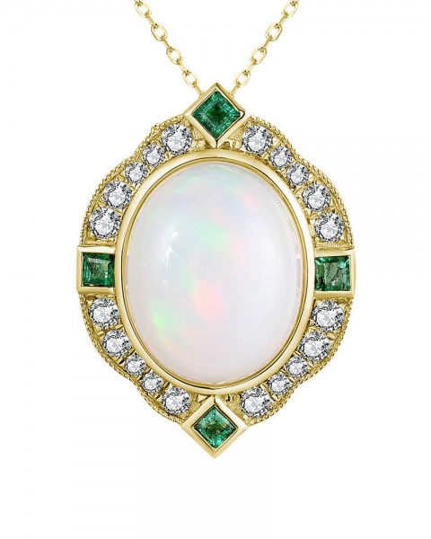 14K YELLOW GOLD DIAMOND, EMERALD AND OPAL NECKLACE