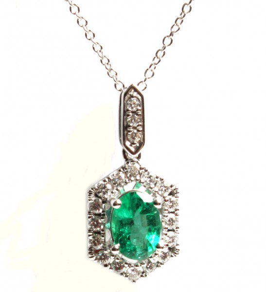 14K WHITE GOLD HEXAGON DIAMOND AND EMERALD PENDANT