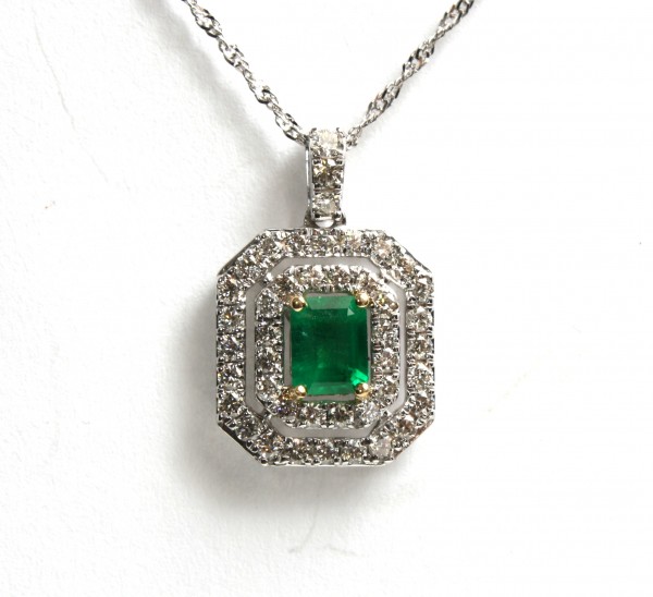 14K TWO TONE DIAMOND AND EMERALD PENDANT