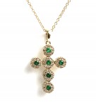 14K YELLOW GOLD DIAMOND AND EMERALD CROSS PENDANT