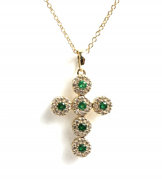 14K YELLOW GOLD DIAMOND AND EMERALD CROSS PENDANT