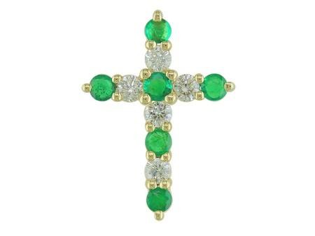 14K YELLOW GOLD DIAMOND AND EMERALD CROSS