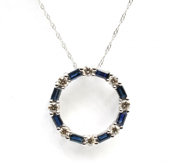 14K WHITE GOLD DIAMOND AND SAPPHIRE CIRCLE PENDANT