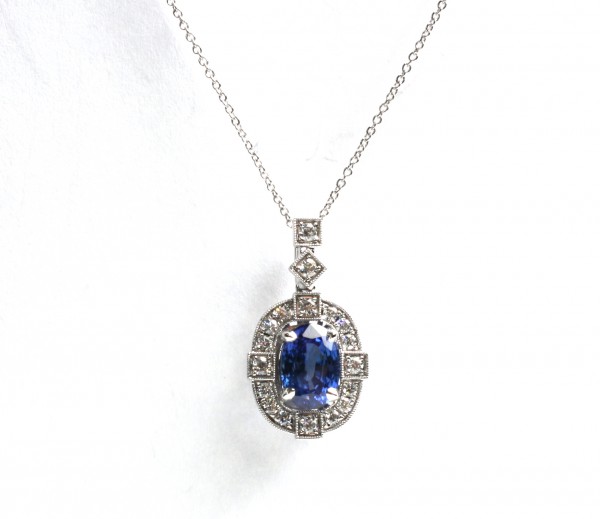 14K WHITE GOLD DIAMOND AND SAPPHIRE PENDANT