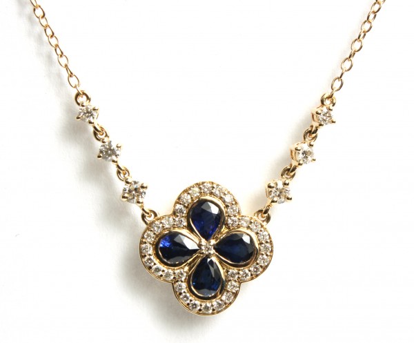 14K YELLOW GOLD DIAMOND AND SAPPHIRE FLORAL NECKLACE