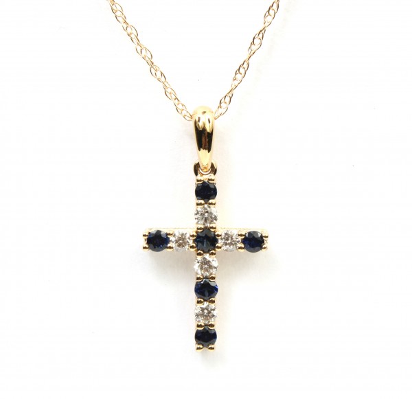 14K YELLOW GOLD DIAMOND AND SAPPHIRE CROSS