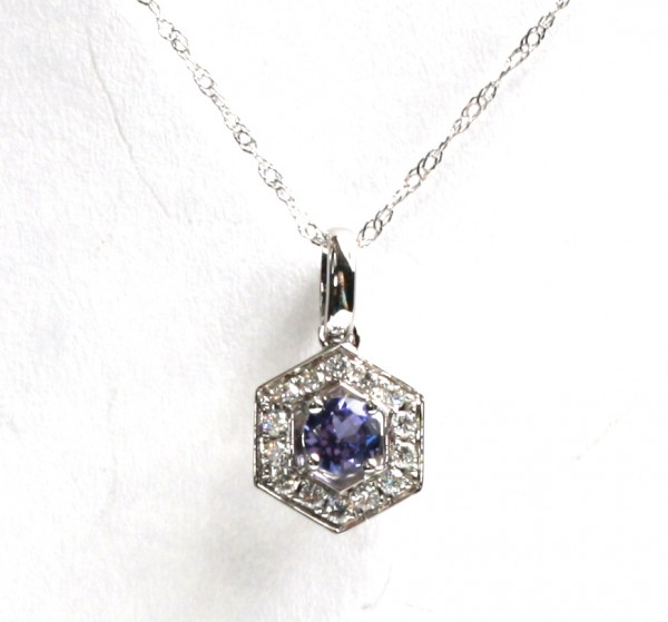 14K WHITE GOLD DIAMOND AND TANZANITE PENDANT