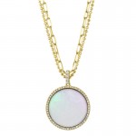 14K YELLOW GOLD DIAMOND AND MOTHER OF PEARL DISC PENDANT NECKLACE