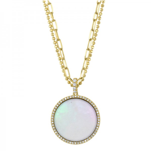 14K YELLOW GOLD DIAMOND AND MOTHER OF PEARL DISC PENDANT NECKLACE