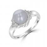 14K WHITE GOLD PEARL AND DIAMOND RING