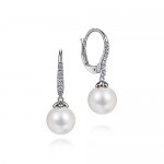 14K WHITE GOLD .14CTW DIAMOND AND PEARL LEVER EARRINGS