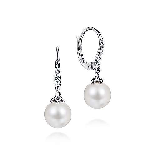 14K WHITE GOLD .14CTW DIAMOND AND PEARL LEVER EARRINGS