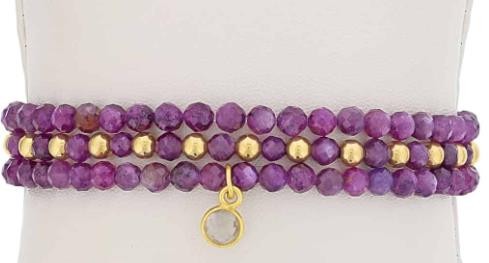 S/3 FACETED RUBY AND GOLD FILLED BEAD STRETCH BRACELETS WITH A CLEAR QUARTZ DANGLE