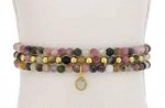 SET OF 3 FACETED TOURMALINE AND GOLD FILLED BEAD STRETCH BRACELETS WITH A CLEAR QUARTZ CHARM