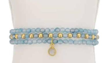 SET OF 3 FACETED BLUE TOPAZ AND GOLD FILLED BEAD STRETCH BRACELETS WITH A CLEAR QUARTZ DANGLE