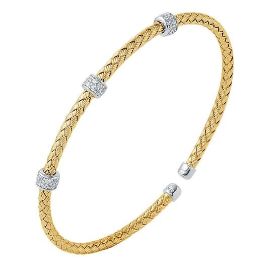 MESH STERLING SILVER GOLD PLATED CUFF BRACELET WITH CZ STATIONS