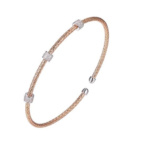 MESH STERLING SILVER AND ROSE GOLD PLATE CUFF BANGLE BRACELET WITH CZ STATIONS