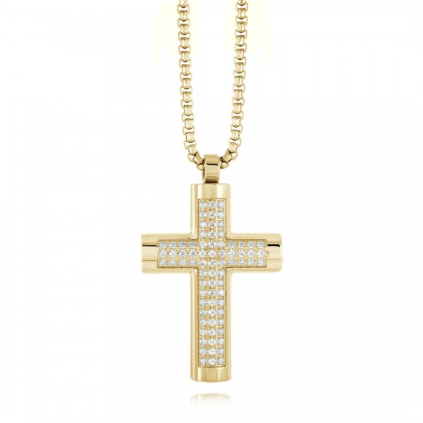 STAINLESS STEEL GOLD PLATE POLISHED WHITE CZ CROSS