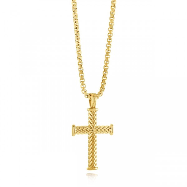 STAINLESS GOLD TONE POLISHED WAVE CROSS NECKLACE