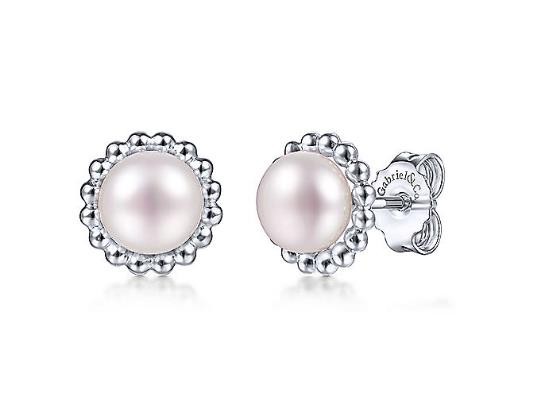 STERLING SILVER PEARL BEADED FRAME STUD EARRINGS