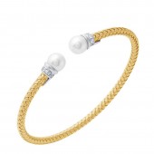 STERLING SILVER GOLD PLATED WOVEN CUFF BRACELET WITH PEARL AND CZ ENDS