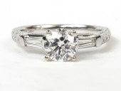 18K White Gold Round and Baguette Engagement Ring