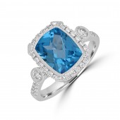 14K White Gold Blue Topaz And Diamond Halo Ring