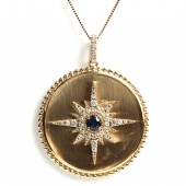 14K YELLOW GOLD DIAMOND AND SAPPHIRE MEDALLION PENDANT