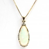 14K YELLOW GOLD DIAMOND PEAR SHAPE OPAL PENDANT