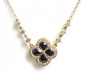 14K YELLOW GOLD DIAMOND AND SAPPHIRE FLORAL NECKLACE