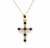 14K YELLOW GOLD DIAMOND AND SAPPHIRE CROSS